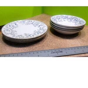 Royal Cathay China Buckingham Blue Grey Scroll 3 Plates 4 Bowls Set Gold Rim